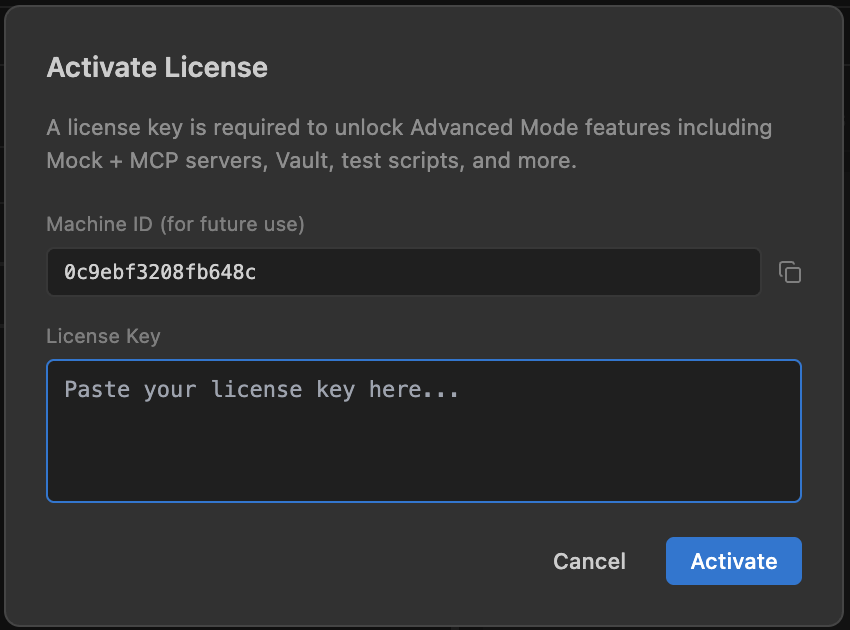 License activation modal with key input field